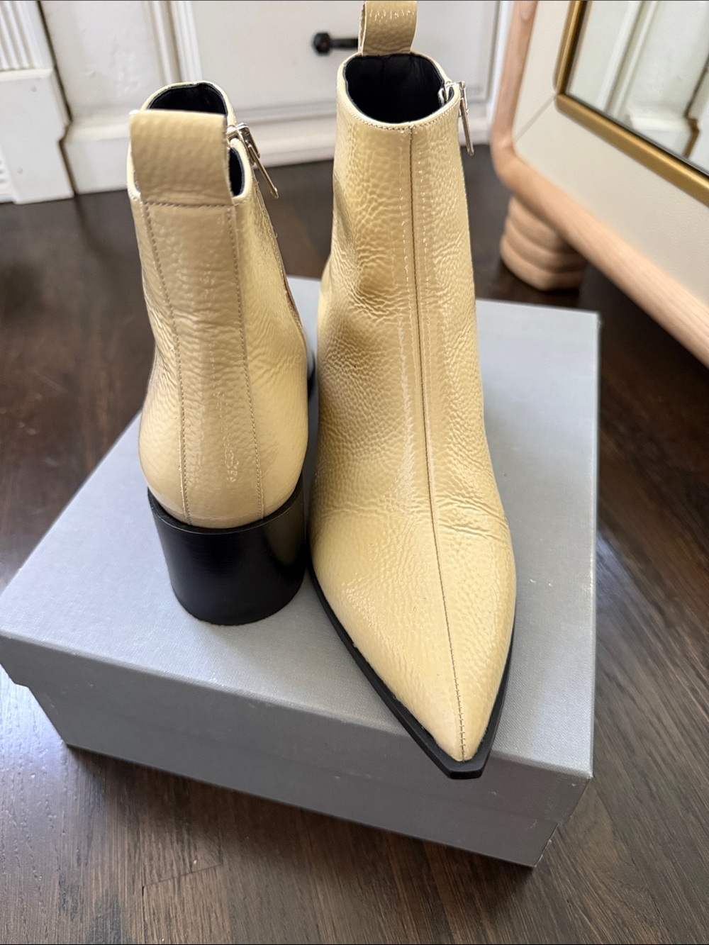 Cream Pointed Toe Leather Ankle Boots
